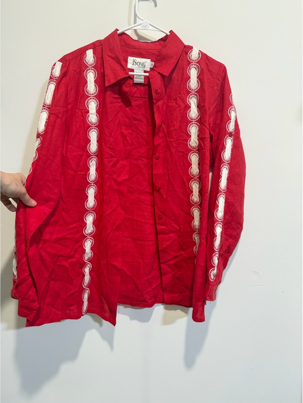 J Song Red Embroidered Collared Blouse Size 10 Long Sleeve - Picture 3 of 4
